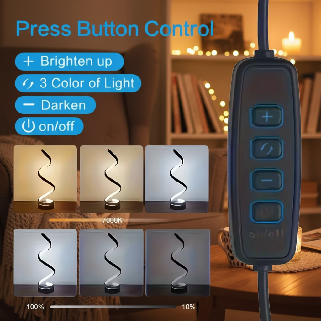 Modern Spiral LED Desk Lamp – 3-Color Dimmable Touch Lamp with USB-C