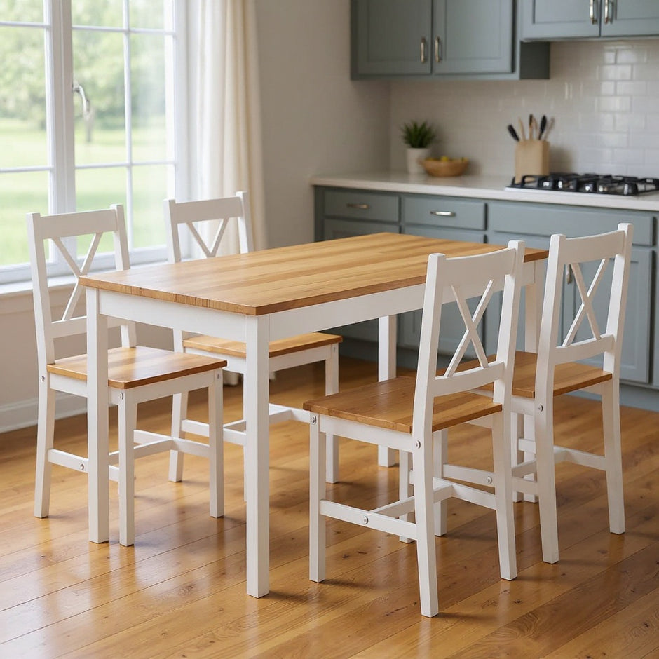 5-Piece Dining Table Set with 4 Chairs, Solid Pine Wood, White & Natural