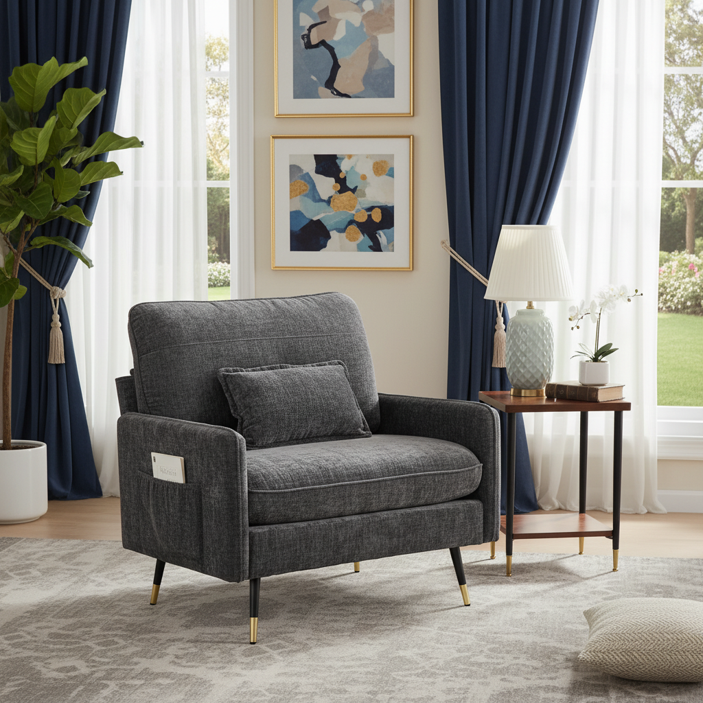 Chenille Upholstered Accent Chair with Storage Pockets