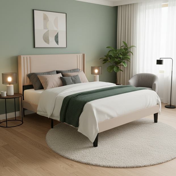 Modern Tufted Upholstered Platform Bed with Square Headboard