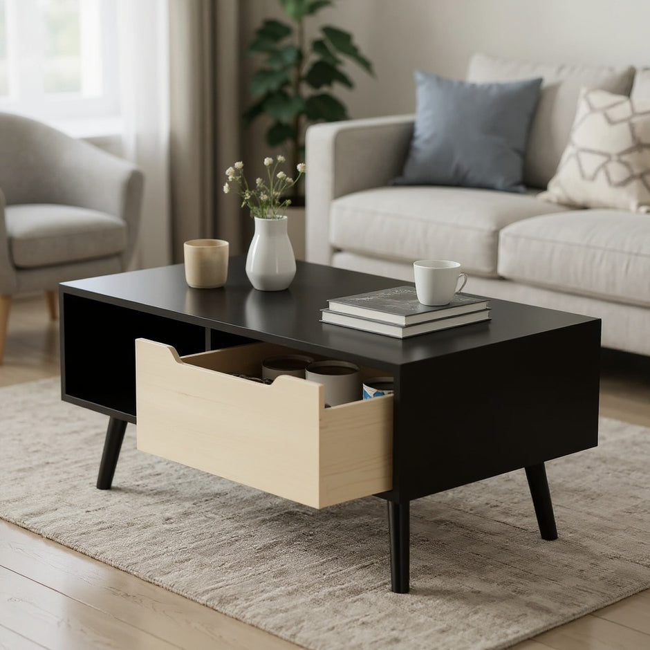 Smile Back Modern Coffee Table with Drawer and Open Shelf – 3 Color Options