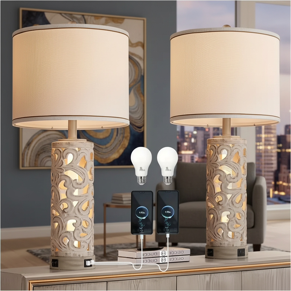 Set of 2 Modern Ceramic Table Lamps with USB/USB-C Charging Ports – 28