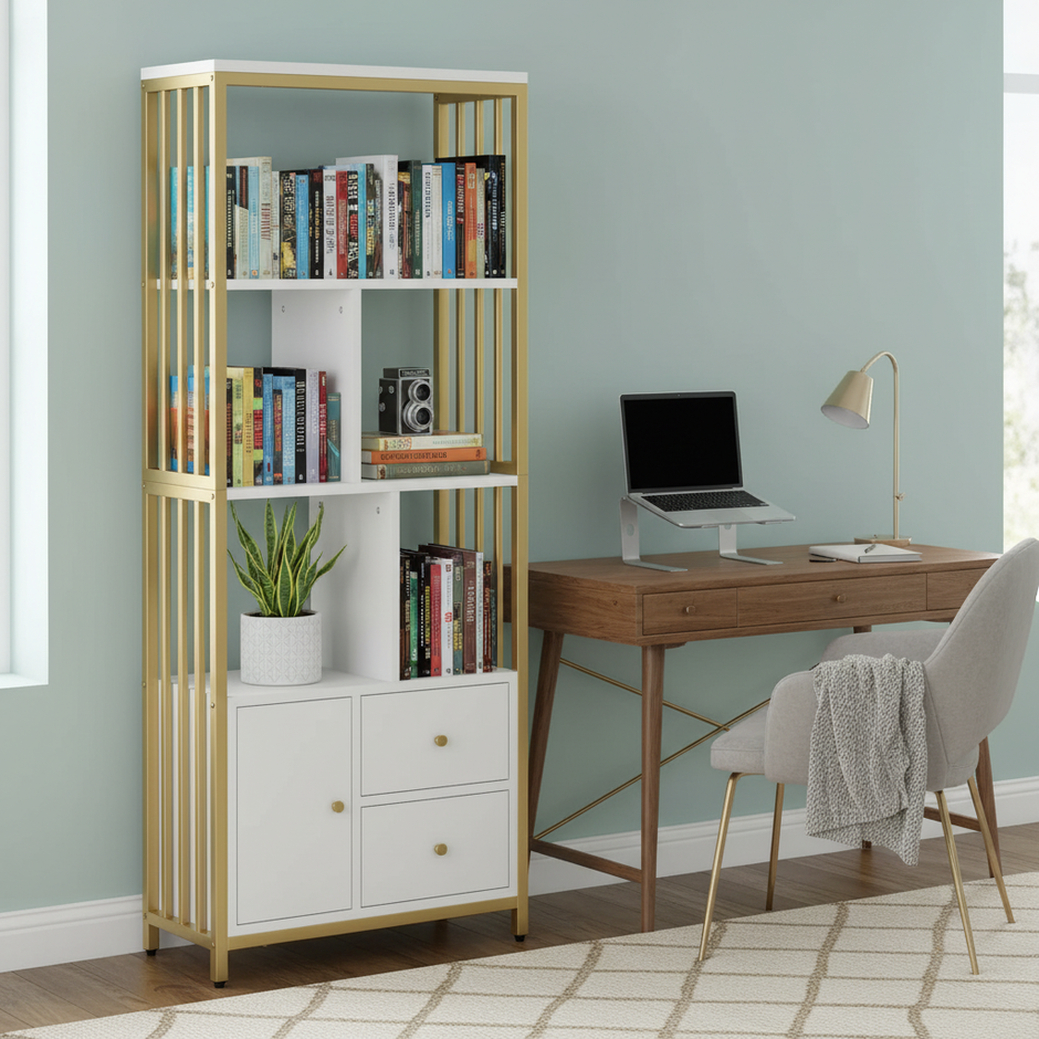 Modern Gold & White Metal Frame Bookshelf with Storage Cabinet - 63”