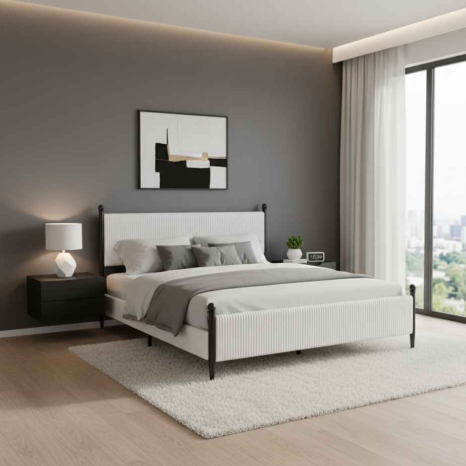 Modern Upholstered Platform Bed with Vertical Channel Headboard