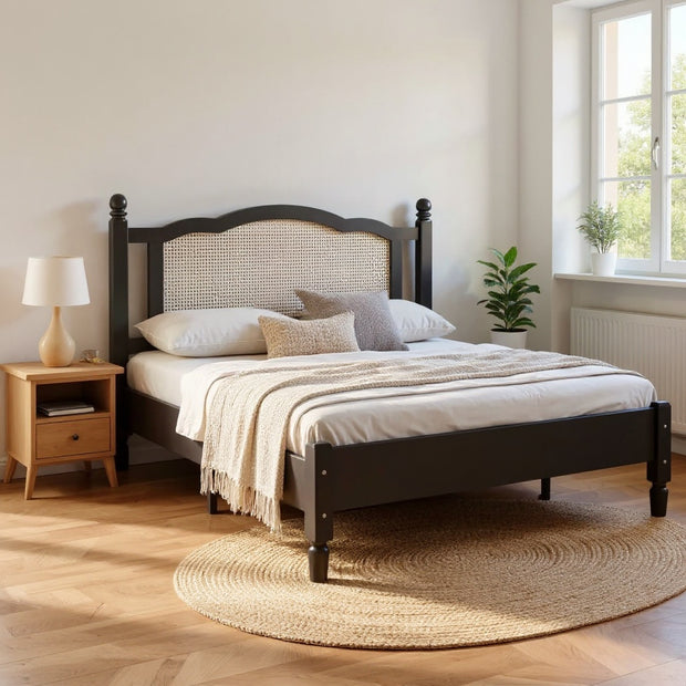 Modern Black Wooden Bed Frame with Rattan Headboard – Queen Size