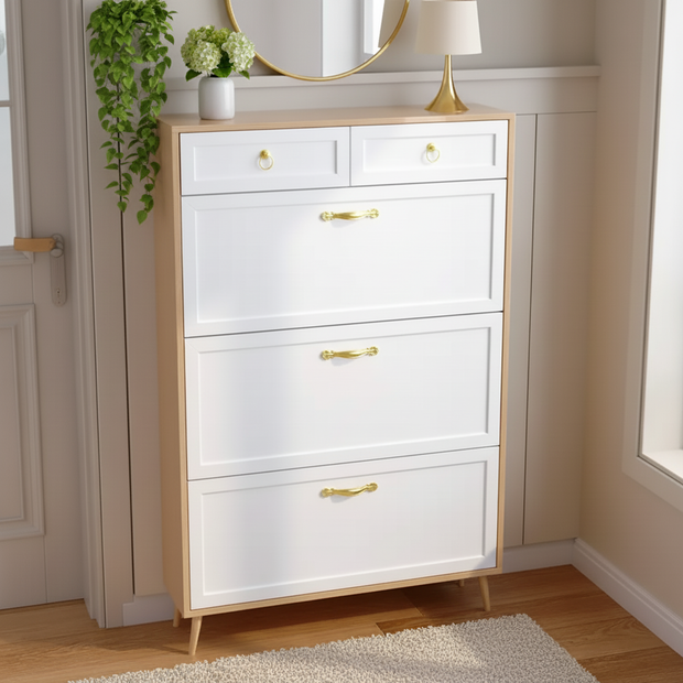 Tall White Shoe Cabinet with Gold Handles and Multiple Drawers – Modern Entryway Storage