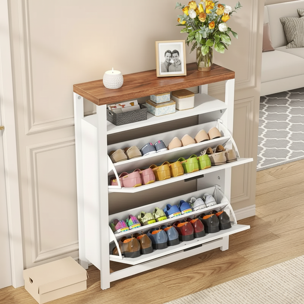 Modern Farmhouse Shoe Cabinet with Flip Drawers and Storage Shelf – White & Oak Finish