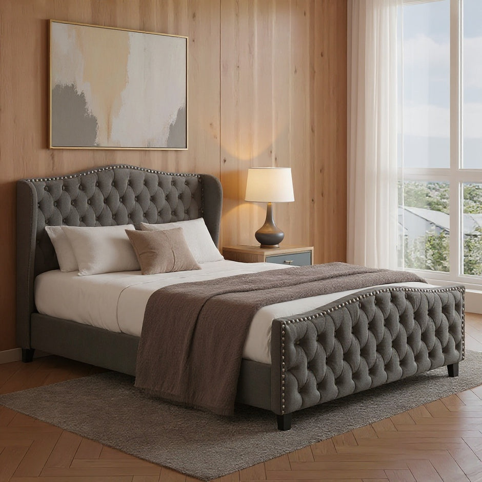 Tufted Upholstered Wingback Bed Frame with Nailhead Trim – King Size