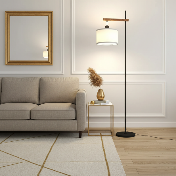 Modern Floor Lamp with Linen Shade and Foot Switch – 61" Tall