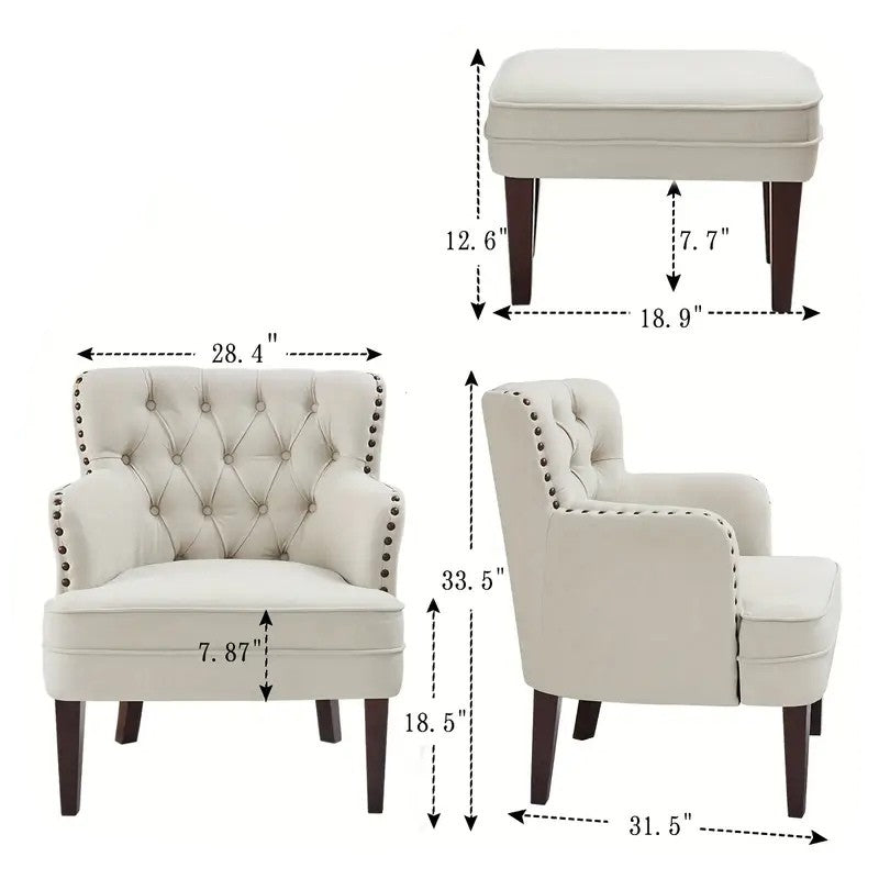 Tufted Accent Chair with Ottoman – Beige