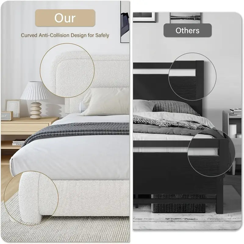 Modern Bouclé Upholstered Bed Frame with Rounded Headboard – King Size