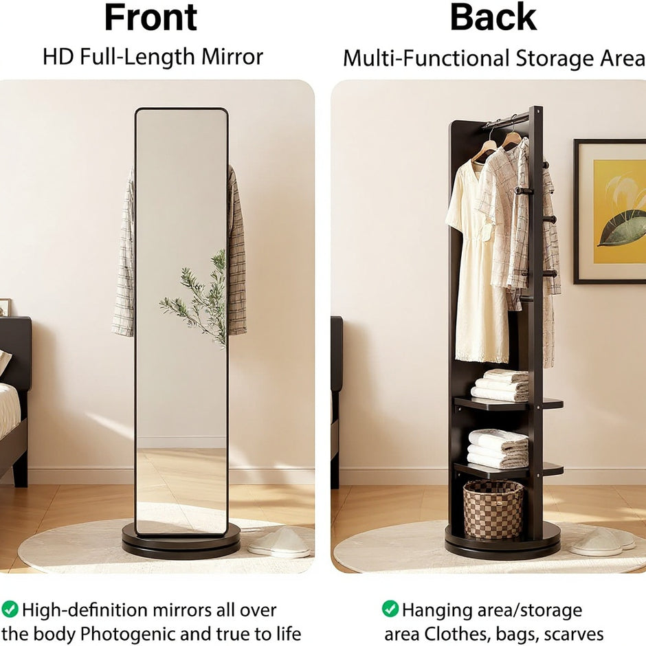 Full-Length Swivel Mirror with Storage – 360° Rotating Organizer