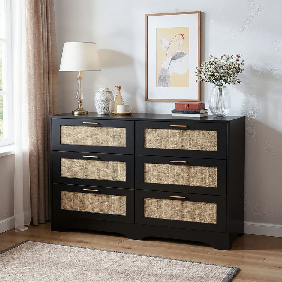 6-Drawer Rattan Dresser – Modern Double Dresser with Gold Handles, Wood Storage Chest for Bedroom, Living Room, Hallway, Entryway