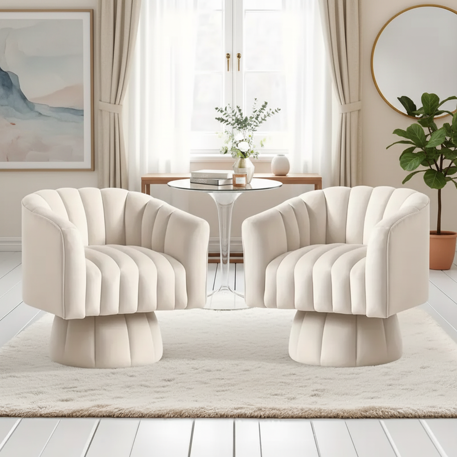 Modern Velvet Swivel Accent Chair – Cream White / Royal Blue