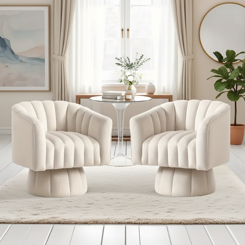 Modern Velvet Swivel Accent Chair – Cream White / Royal Blue