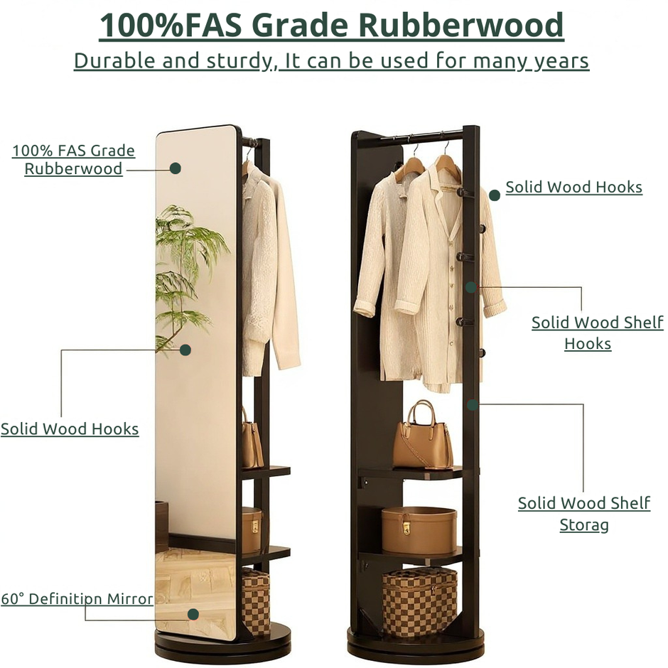 Full-Length Swivel Mirror with Storage – 360° Rotating Organizer