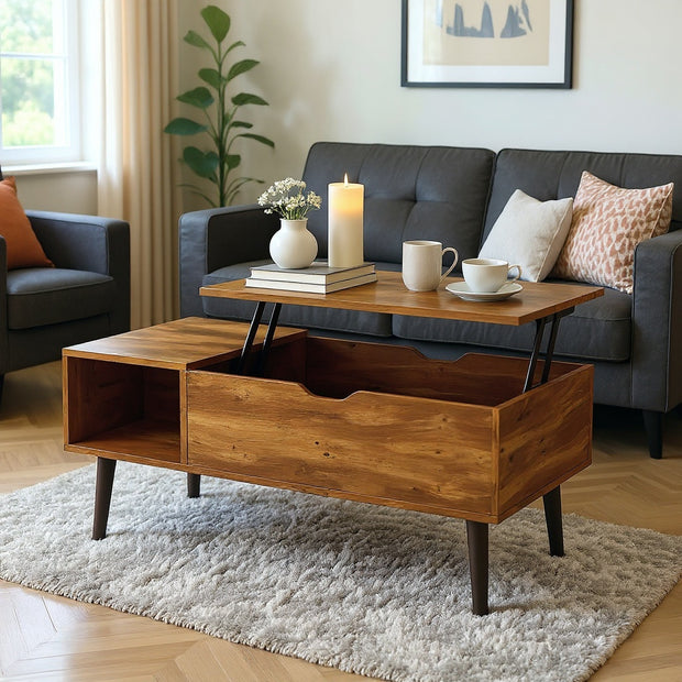 Lift-Top Coffee Table with Hidden Storage and Side Shelves – Black and Rustic Brown