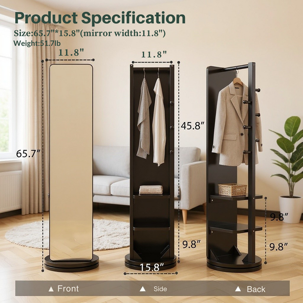 Full-Length Swivel Mirror with Storage – 360° Rotating Organizer