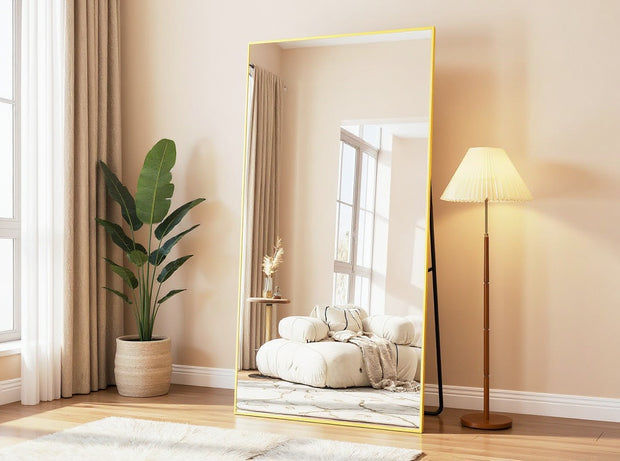 Full Length Rectangular Mirror 71"x26" – Wall Mounted / Free Standing (Black / Gold)