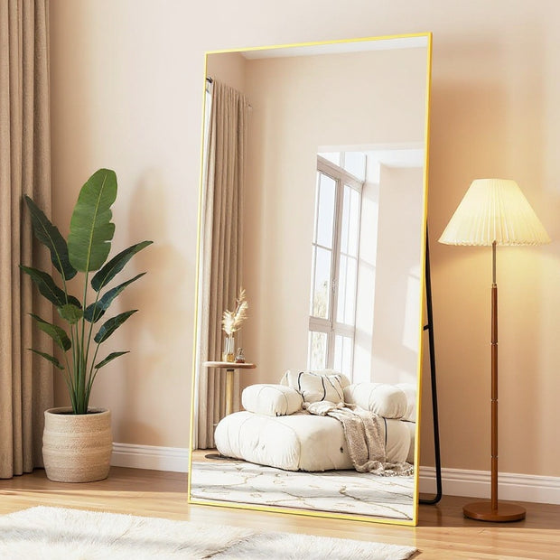 Full Length Rectangular Mirror 71"x26" – Wall Mounted / Free Standing (Black / Gold)