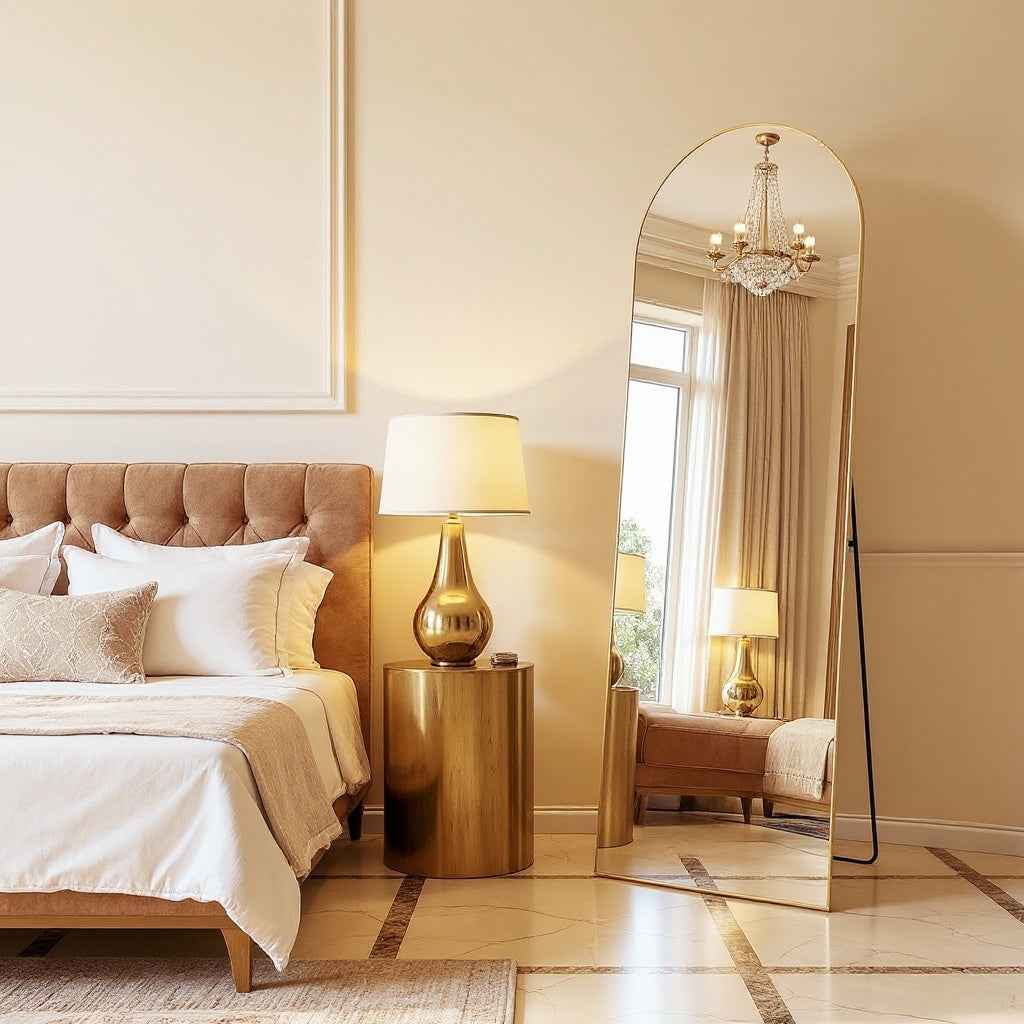 Arched Full Length Mirror – Black & Gold, Wall Mounted / Free Standing