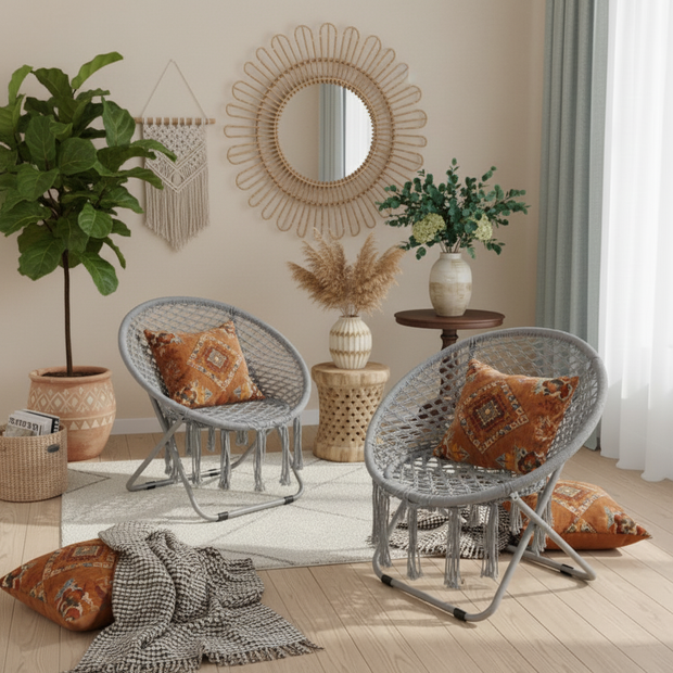 Set of 2 Folding Saucer Chairs – Gray Macrame Rope Design