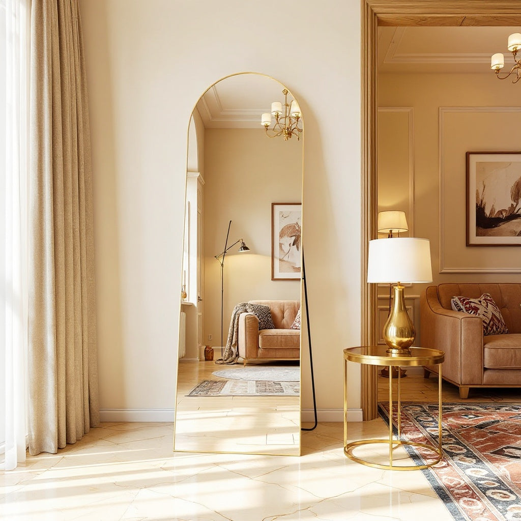 Arched Full Length Mirror – Black & Gold, Wall Mounted / Free Standing