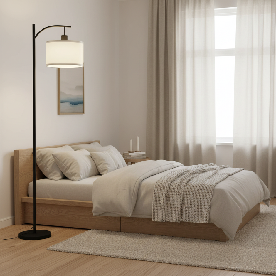 Modern Black Floor Lamp with Fabric Shade & Foot Switch