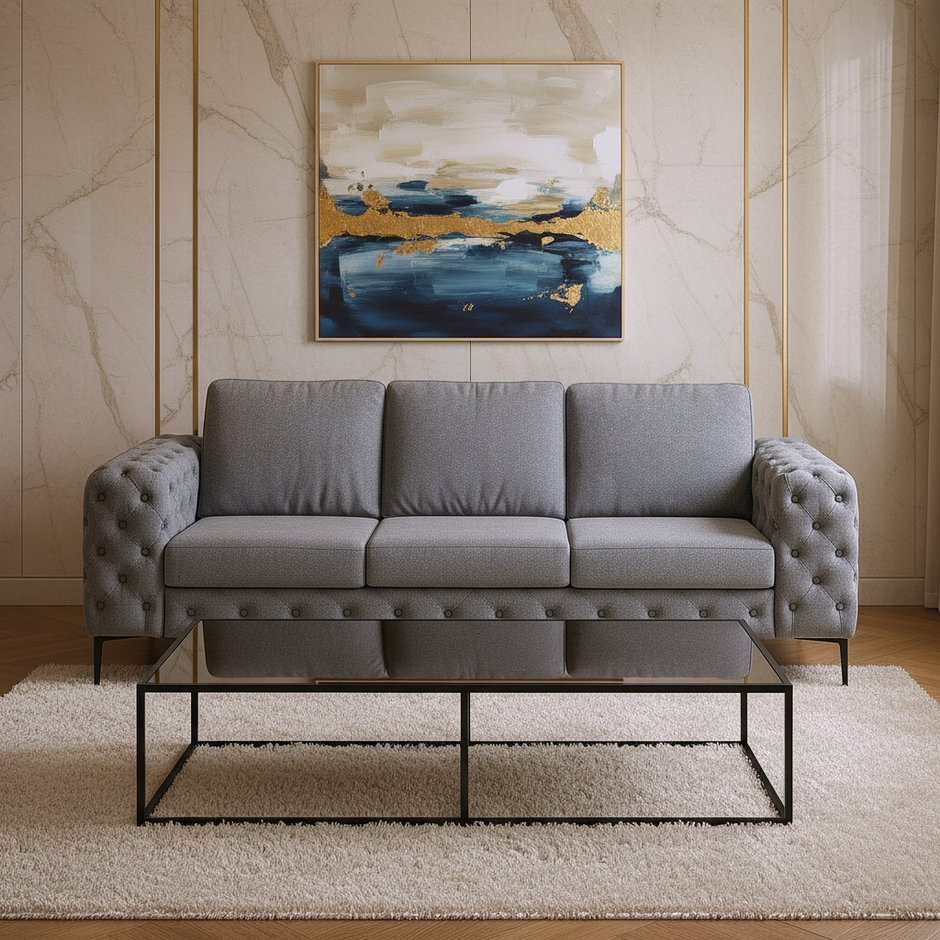 Modern 3-Seater Tufted Sofa with Thick Armrests and Cushions – Gray or Light Beige