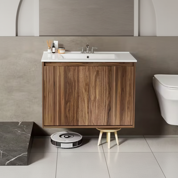 30" Wall-Mounted Bathroom Vanity with Ceramic Sink – Waterproof Wooden Cabinet