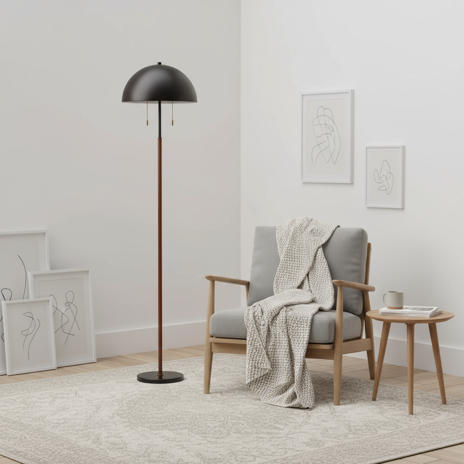 Modern Floor Lamp with Dome Shade, Wooden Pole & Dual Pull Chains
