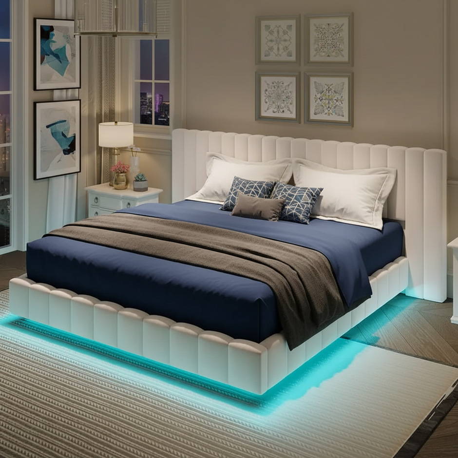 Modern Floating Upholstered Bed Frame with LED Lights