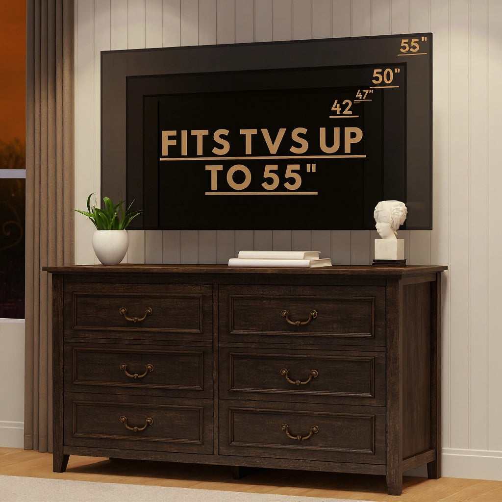 6-Drawer Wooden Dresser, Storage Cabinet with Anti-Tipping Device, Fits TV up to 55