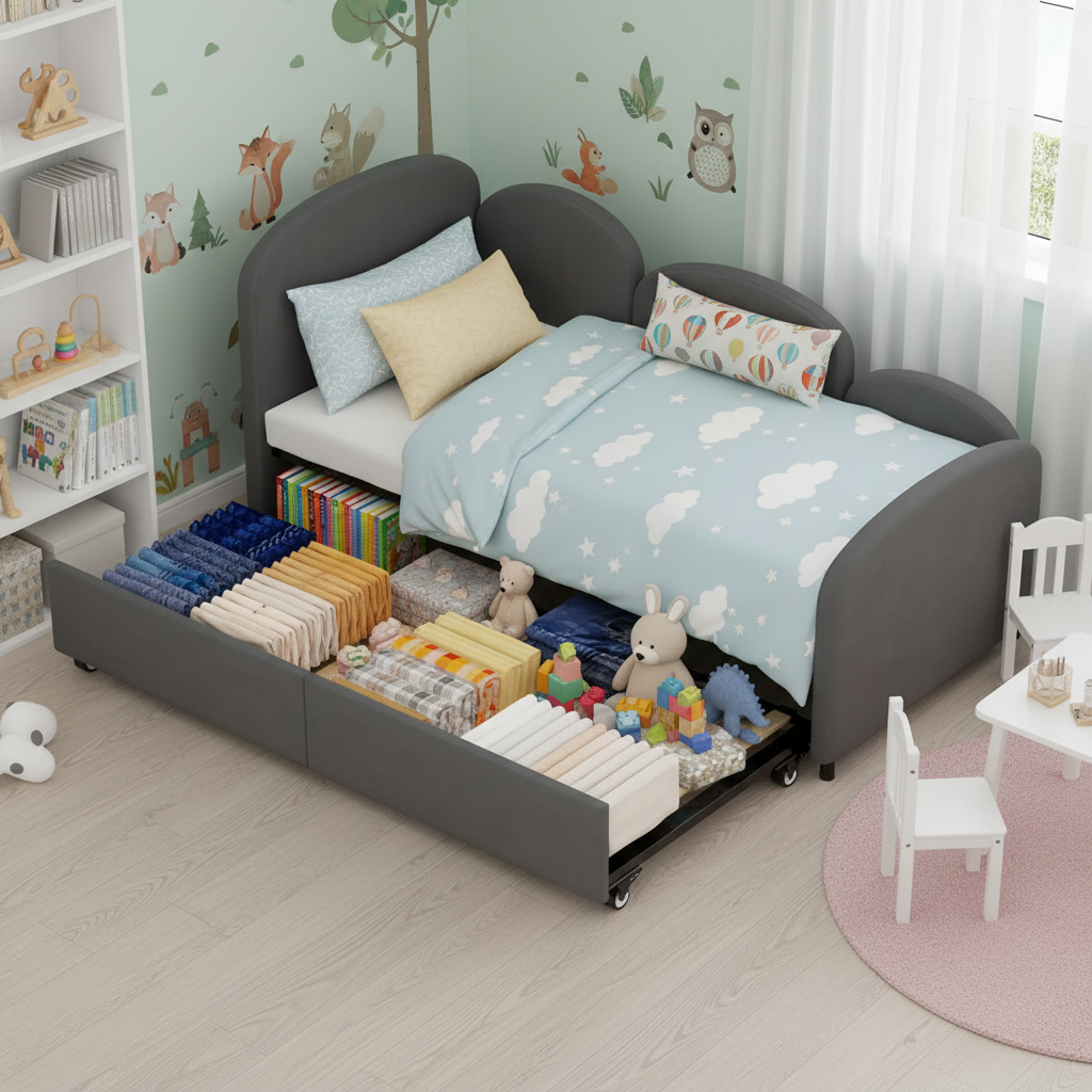 Modern Twin Daybed with Pull-Out Trundle & Storage – Gray