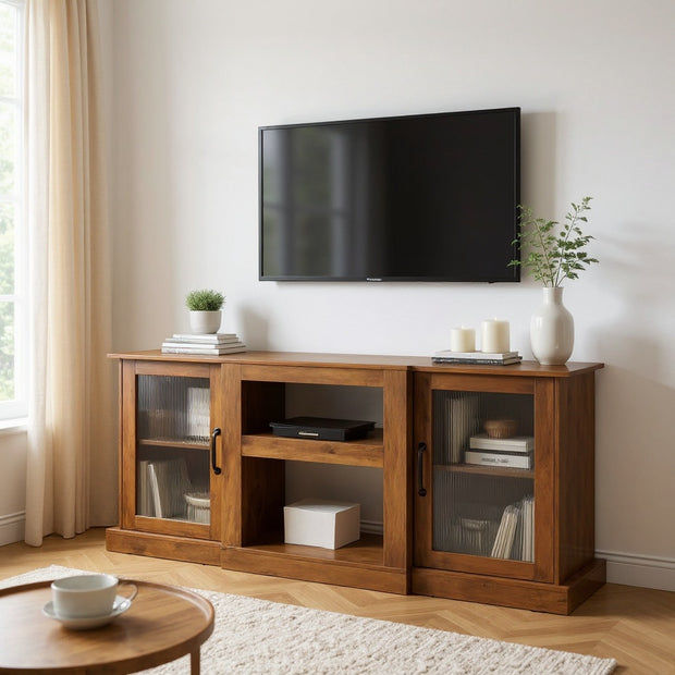 Modern TV Stand with Glass Doors, Fits up to 65” TVs – Storage Cabinet with Shelves