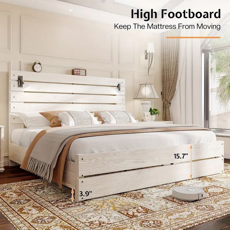 Farmhouse Wooden Bed Frame with Tall Headboard – Queen & King Sizes