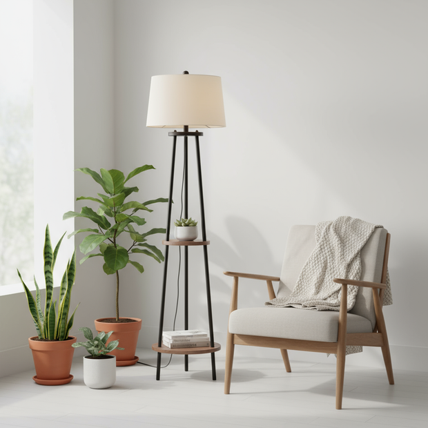 65" Modern Floor Lamp with Shelves – Tall Tripod Lamp with Storage