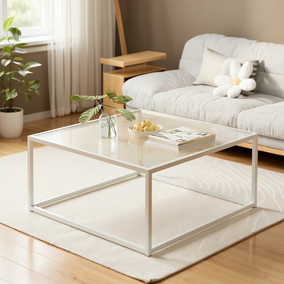 Minimalist Glass Coffee Table – Square Tempered Glass with Metal Frame, 27"x27"