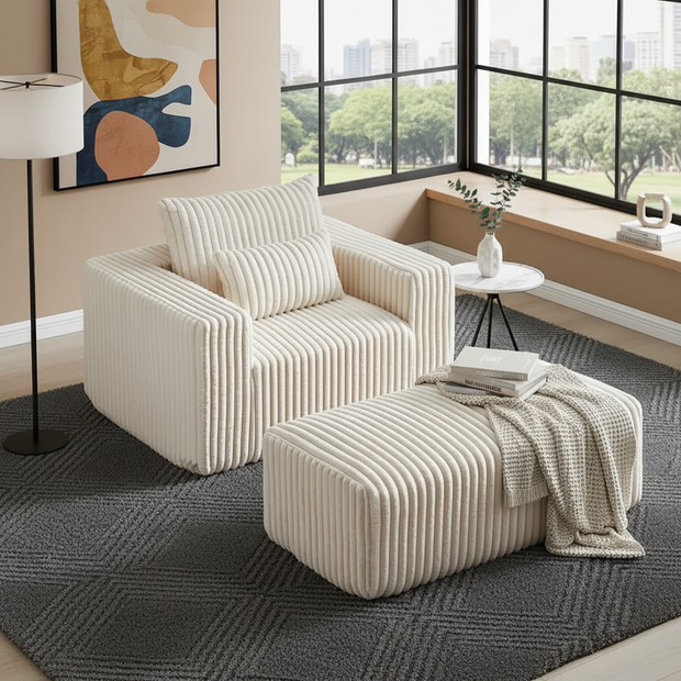 Modern Corduroy Lounge Chair with Ottoman – Cream / Olive Green / Charcoal Grey