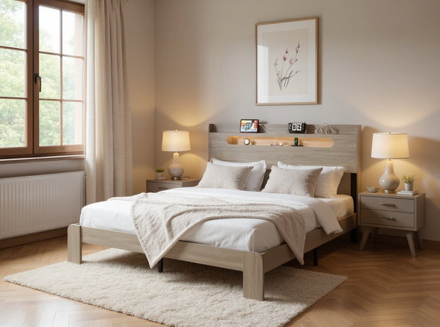 Queen Size Platform Bed with Storage Headboard Shelf – Modern Wood Frame