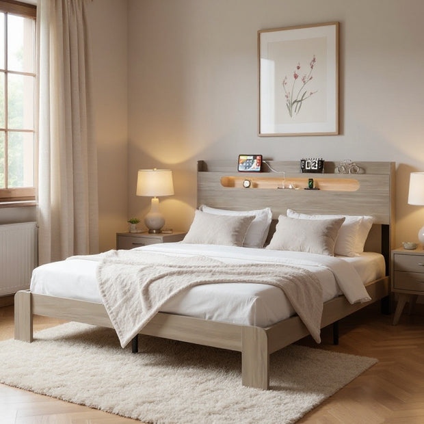 Queen Size Platform Bed with Storage Headboard Shelf – Modern Wood Frame