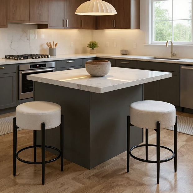 Set of 2 Sherpa Upholstered Bar Stools with Metal Legs and Footrest – CozyVianno