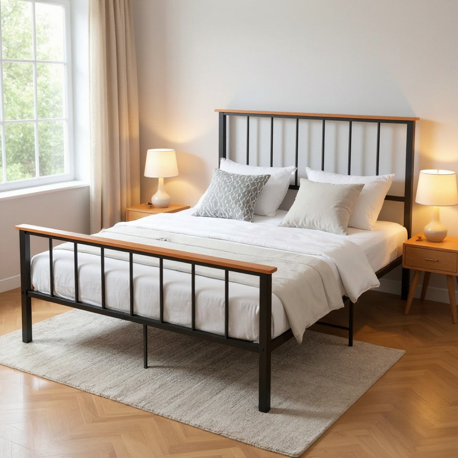 Queen Size Metal Platform Bed Frame with Wood Accents – Heavy Duty