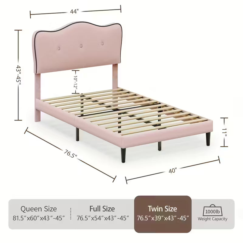 Curved Upholstered Bed Frame with Button-Tufted Headboard – Pink or White