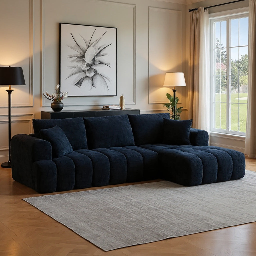 Modern Deep Seat L-Shaped Sectional Sofa with Chaise – Navy Blue
