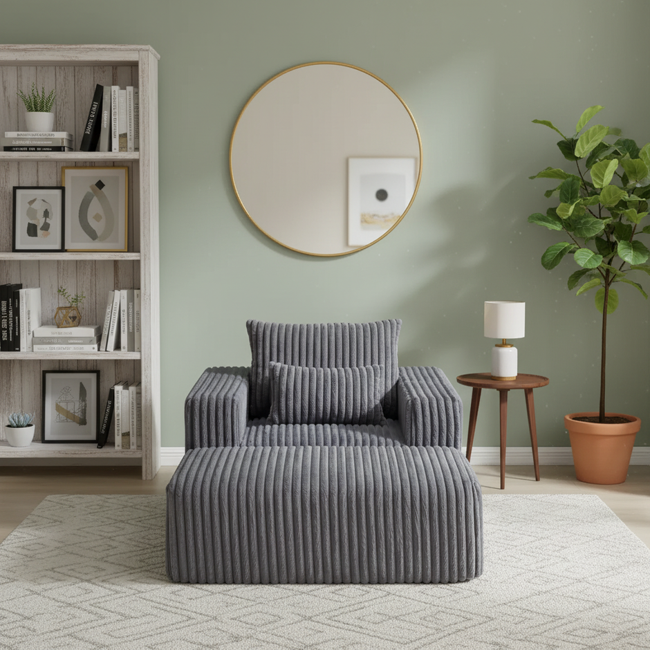 Modern Corduroy Lounge Chair with Ottoman – Cream / Olive Green / Charcoal Grey