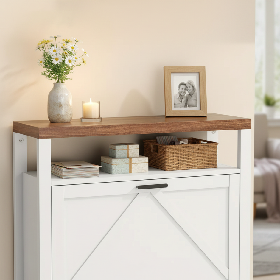 Modern Farmhouse Shoe Cabinet with Flip Drawers and Storage Shelf – White & Oak Finish