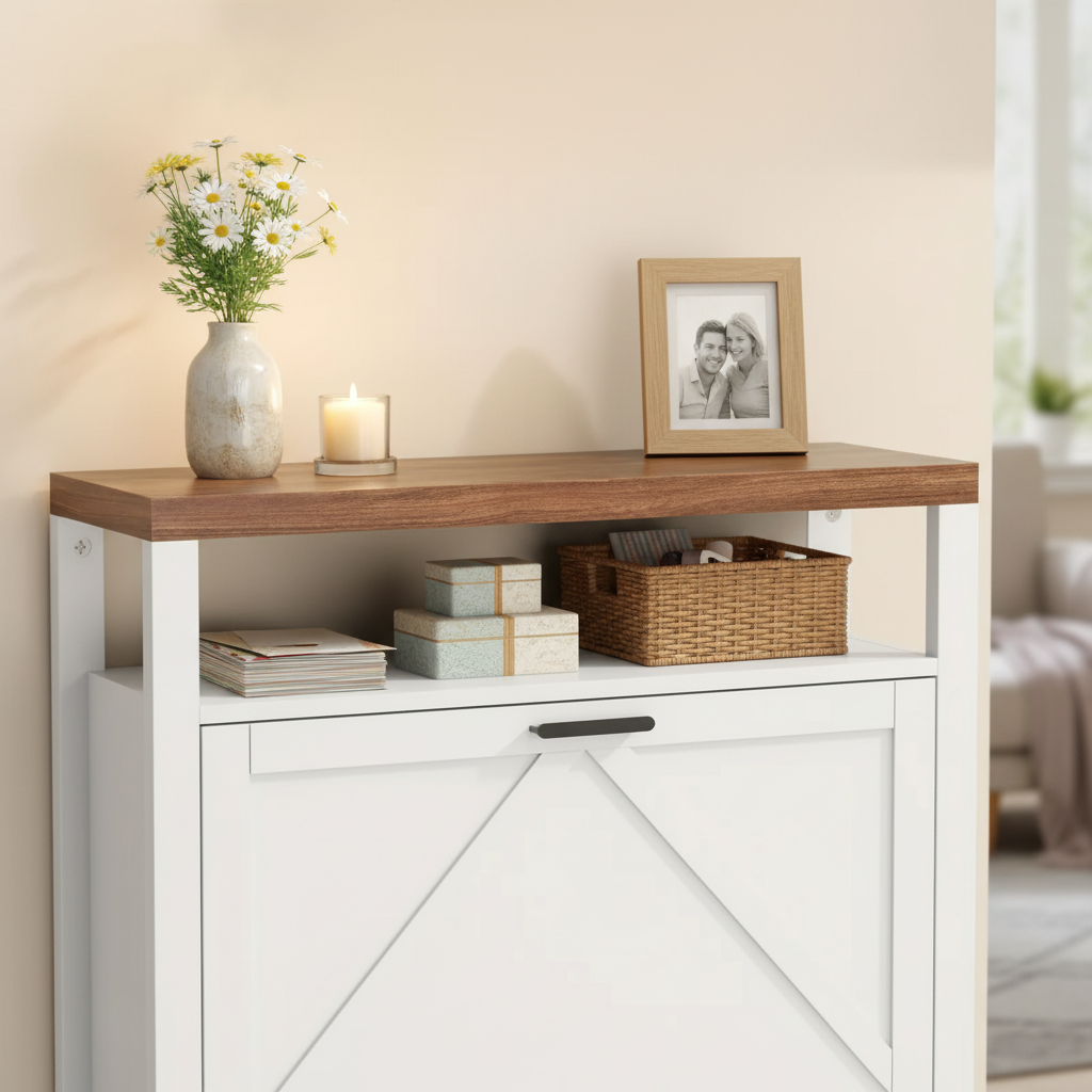 Modern Farmhouse Shoe Cabinet with Flip Drawers and Storage Shelf – White & Oak Finish