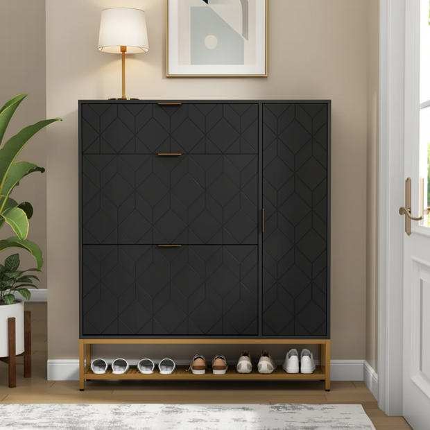 Modern Shoe Cabinet with Geometric Design and Multiple Storage Compartments