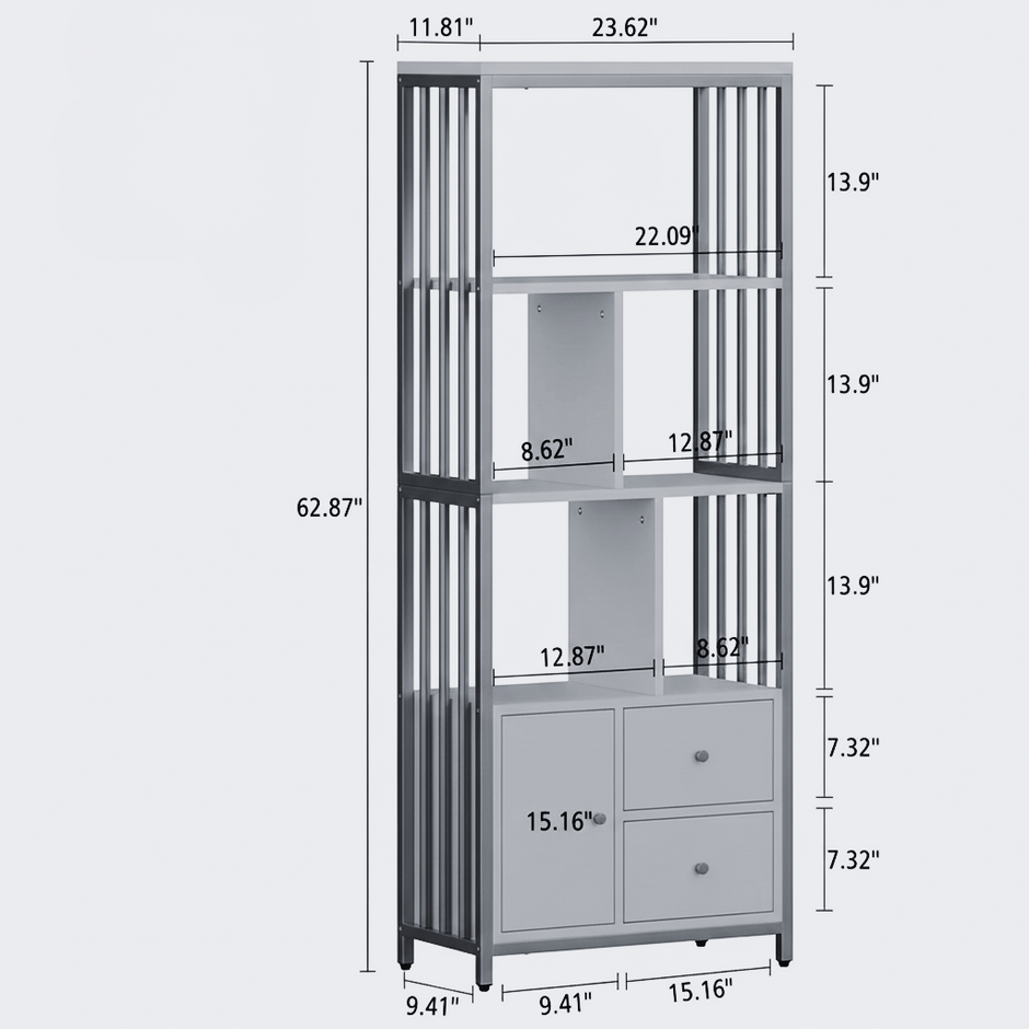 Modern Gold & White Metal Frame Bookshelf with Storage Cabinet - 63”